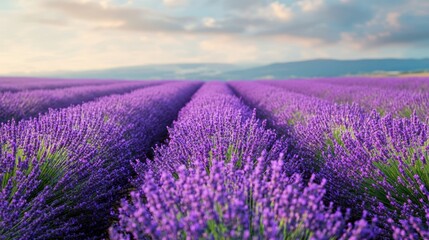 Obraz premium Vast field of vibrant lavender stretching towards distant hills under soft sky