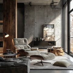 A modern living room showcases comfortable seating and concrete walls