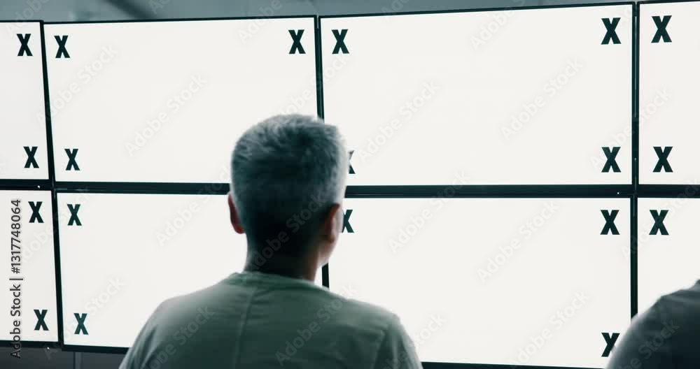 Poster tracking markers, mockup and business people by computer screen typing for research with stock marke