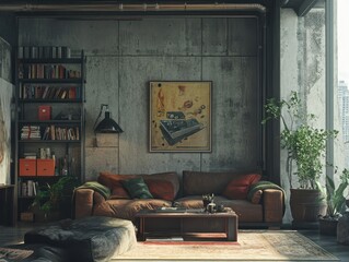 A modern interior living room design with industrial elements