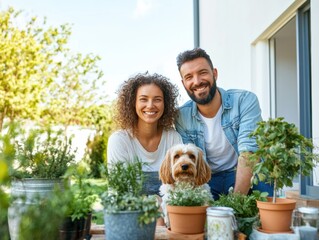 Happy couple gardening together with their dog in a sunny backyard