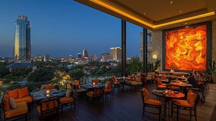 Rooftop restaurant with city views at twilight