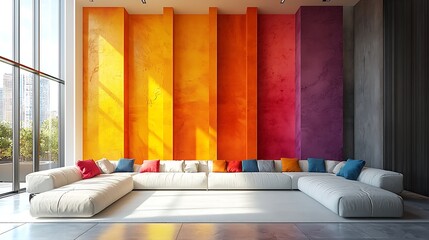 Modern Living Room Interior Design with Colorful Wall and Sectional Sofa