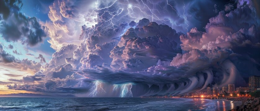 Massive hurricane wall cloud looms over a coastal city dark clouds swirl as lightning strikes the blurred turbulent sky artificial elements visible.