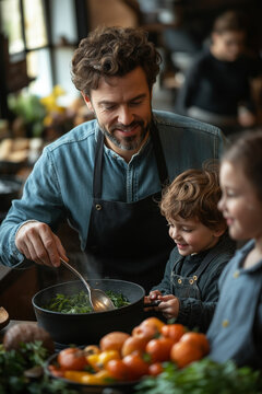 Photo d&rsquo;un papa portant un tablier enseignant la cuisine &agrave; ses deux petits enfants dans une ambiance chaleureuse et familiale