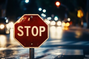 Stop Sign on City Street at Night with Blurred Car Lights
