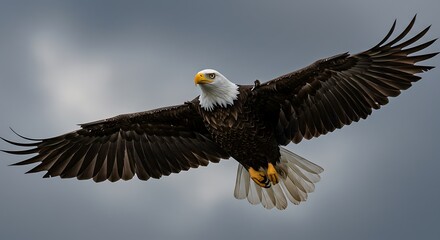 Naklejka premium Bald Eagle in Flight with Dramatic Cloudy Sky - Close-Up Shot