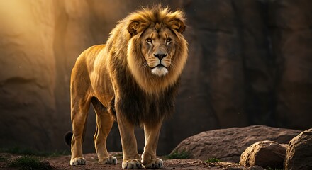 Fototapeta premium Majestic Lion on Rocky Terrain with Golden Sunlight