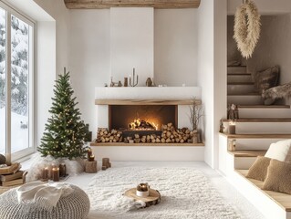 A cozy interior scene depicts a festive holiday living room