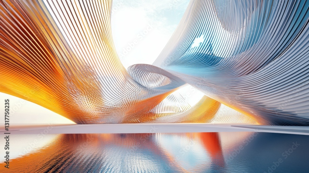 Poster abstract architectural visualization with vibrant orange and blue lines representing structural desi