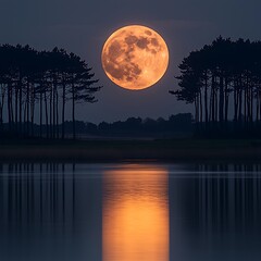 Full Moon Rising Over Lake.