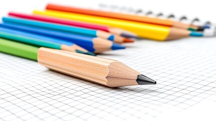 Obraz premium Colorful Pencils on Grid Paper Close up of Wooden Pencils Art Supplies Back to School