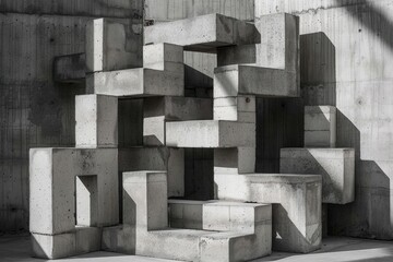 Brutalist alphabet blocks in architectural arrangement, harsh shadows and industrial aesthetic, minimalist concrete design.