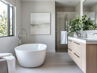 Fototapeta premium A modern bathroom showcases a freestanding bathtub and stylish vanity setup