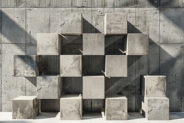 Brutalist alphabet blocks arranged in a minimalist architectural style with harsh shadows and industrial concrete aesthetic.