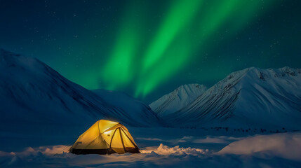 Tenting in the Snowy Arctic Mountains Under a Clear Sky with Stars and Aurora
