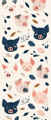 Obraz premium Repeating pig face vector pattern in a clean Scandinavian style with complex details and a two-color minimalist scheme.