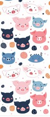 Pig face vector pattern design repeats with clean lines in a Scandinavian style and simple two-color complex details.