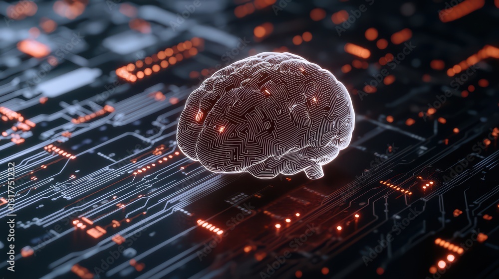 Poster abstract ai concept of deep learning with swirling data streams and circuit patterns