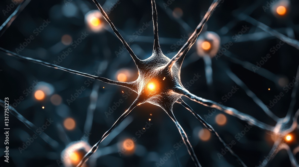 Poster abstract concept of creativity with glowing neural connections and bright particles in dark backgrou