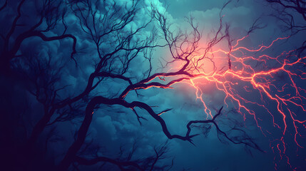 Generative ai on theme of scary bright electric lightning bolt with branches in the night dark sky. Electric Twilight. Illustration