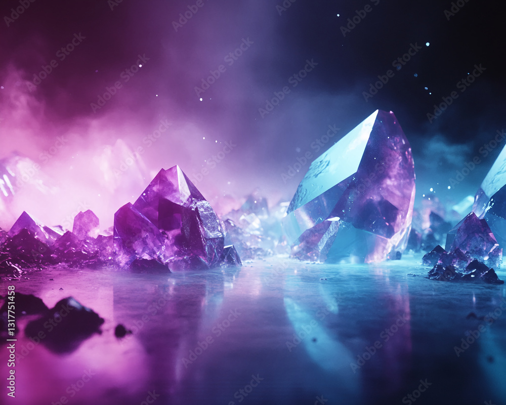 Poster crystals illuminated by purple and blue neon light, reflecting on a dark surface, creating a mystica