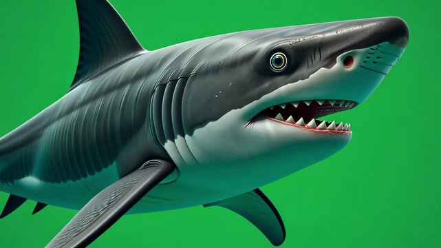 Great white shark with a green screen background, showcasing its powerful body, sharp teeth, and sleek fins. The vibrant green backdrop contrasts with