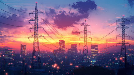 Industrial power transmission with electric towers in urban setting showcasing technology connections and modern infrastructure at dusk with beautiful bokeh effect. Electric Twilight. Illustration