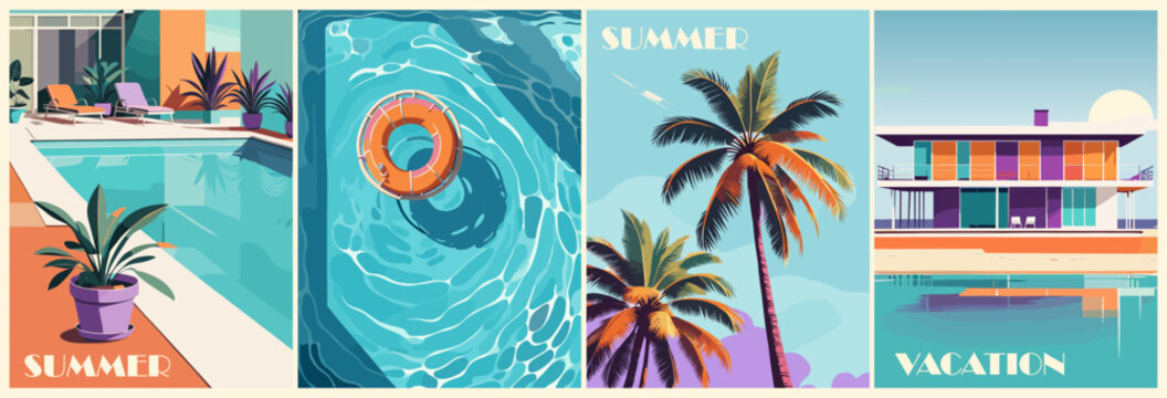 Set of summer posters in retro style with a pool, colorful buildings, palm trees. Summer time, vacation digital prints, cover template. Vector illustration. 