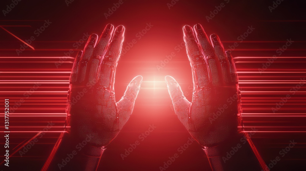 Aufkleber futuristic robotic hands interacting with holographic light interface in dynamic red glow