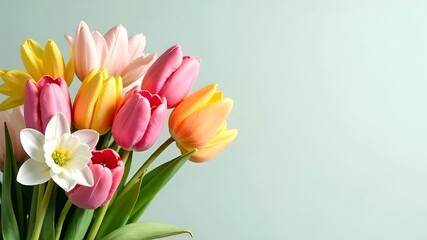 Fototapeta premium Festive paper frame flowers composirion with pastel tulis, narcissus flowers, eggs on minimal white backround, place for text. spring, womens day, Easter concept