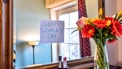 cozy home setting with a 'Happy Women's Day' sign and fresh flowers, bringing warmth and joy to the celebration