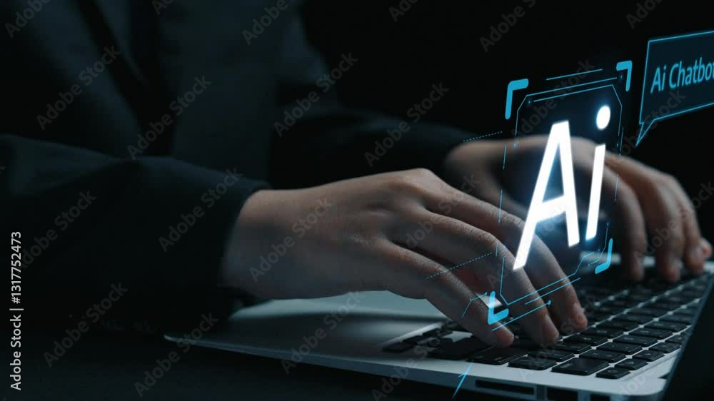 Poster human interact with ai artificial intelligence virtual assistant chatbot in concept of ai artificial