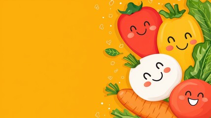 Fototapeta premium Happy Cartoon Style Vegetables with Smiling Faces on a Bright Yellow Background