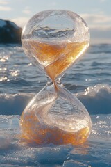 Unique hourglass sculpture made of ice resting on water during sunset in a tranquil landscape
