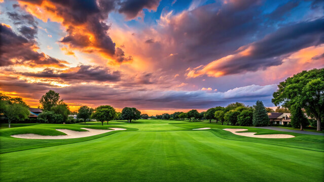 Scenic Golf Course with Sand Bunkers and Dramatic Sunset Sky