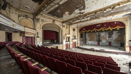 Naklejka premium An elegant, historic theater with red velvet seating and ornate architecture, showcasing classic art and timeless performances