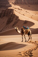 A camel stands in a vast desert landscape with dunes and rocky formations in the background.