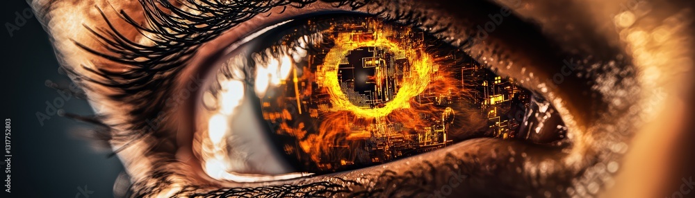 Poster close up of an ai eye reflecting a virtual world with intricate detail and depth
