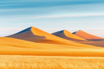Vast desert landscape at dusk with golden sand dunes under a vibrant sunset and dramatic shadows stretching into the horizon