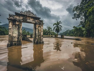 Monsoon floodwaters engulf tropical ruins under dramatic rain clouds, swollen river reflecting submerged structures and lush vegetation.