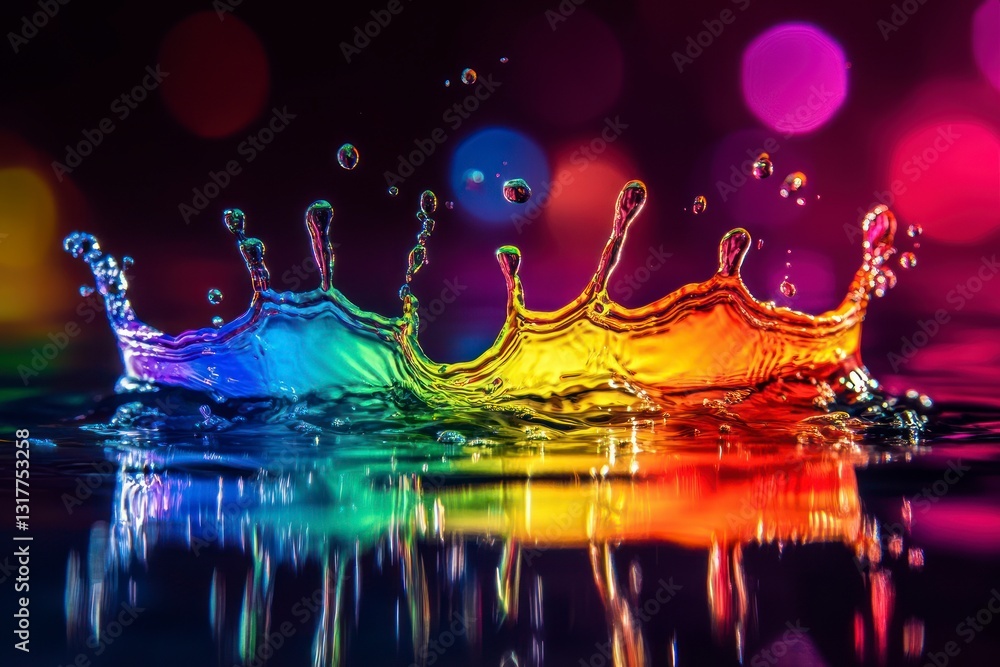 Poster colorful water splash with reflection on a dark bokeh background