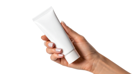 White Cylindrical Tube Held Against transparent Background for Cosmetic Packaging