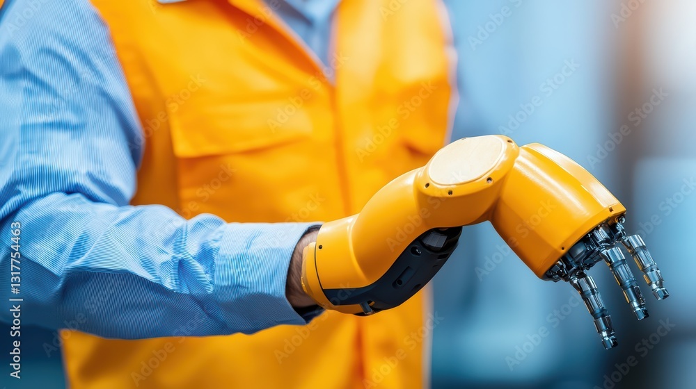Poster worker operating robotic arm in modern factory setting with innovative technology and automation