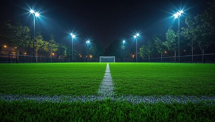 Empty soccer field at night, illuminated by bright stadium lights.  Green artificial turf, white lines, and dark background.  Trees are visible in the background