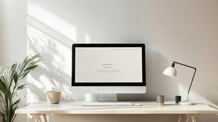 Fototapeta premium Modern Workspace with Monitor Display: A clean, minimalist office space featuring a sleek monitor, desk lamp, and decorative plant, bathed in natural light.