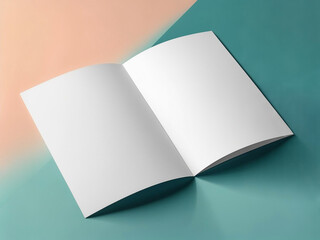 モダンなバイカラー背景に開かれたパンフレット（モックアップ） - 無地の広報誌、雑誌、ZINEの表紙と中面テンプレート
