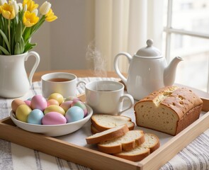 A tray with a loaf of bread, a bowl of eggs, and a cup of tea