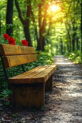 Fototapeta premium Wooden bench along a serene woodland path with flowers and sunlight filtering through the trees in springtime