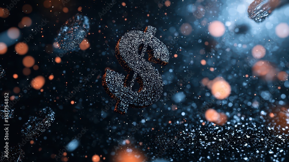 Poster dreamlike floating currency symbols in a stock market concept with sparkling elements